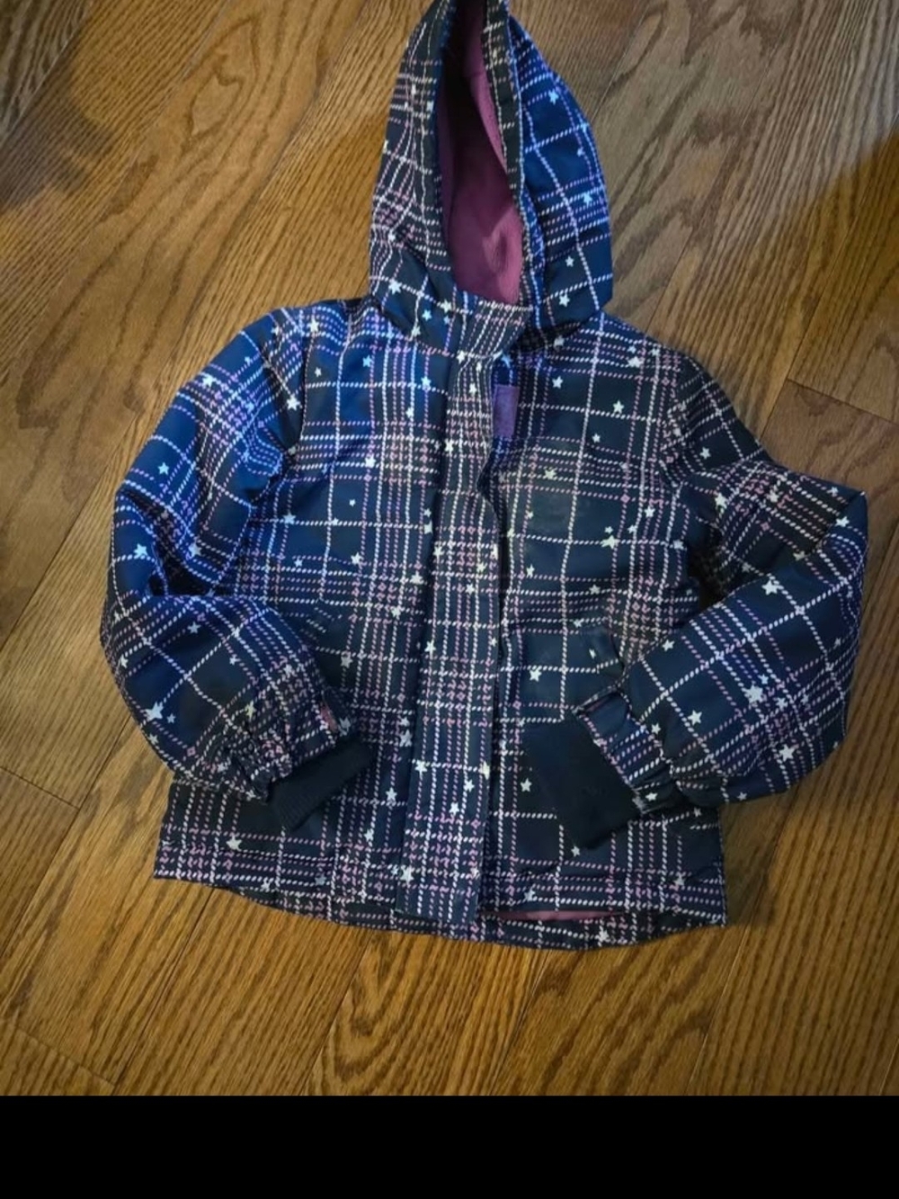 Joe Fresh Navy Plaid Hooded Puffer with Pink Lining